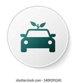 Green Eco car concept drive with leaf icon isolated on white background. Green energy car symbol. White circle button. Vector Illustration