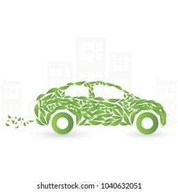 Green eco car concept made up of green leaves, Vector illustration