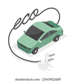 Green eco car in isometric projection. Environment protection transport vector logo