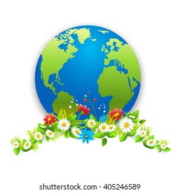 Green eco card. Concept for design banner,ticket, leaflet and so on.Template page for Earth day. Holiday card. Green globe and flowers.