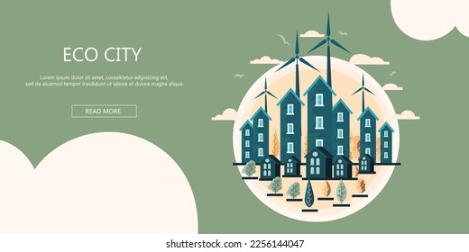 Banner ecológico de la ciudad y arquitectura sostenible. Ilustración vectorial. Edificios con paneles solares y molinos de viento. salvar el planeta