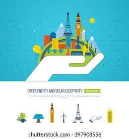 Green eco city and eco-friendly city concept. Solar electricity. Modern energy safety. Smart city.
