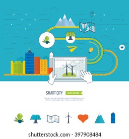 Green eco city, ecology and eco-friendly city concept.  Color line icons