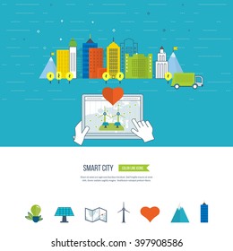 Green eco city, ecology and eco-friendly city concept. Color line icons