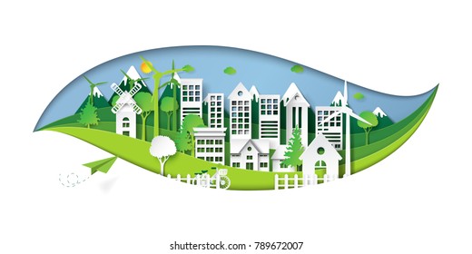 Green eco city and environment conservation concept design with leaf shape of paper art style.Vector illustration.