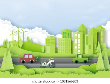 Green Eco City With Environment And Ecology Concept Paper Art Style.Vector Illustration.