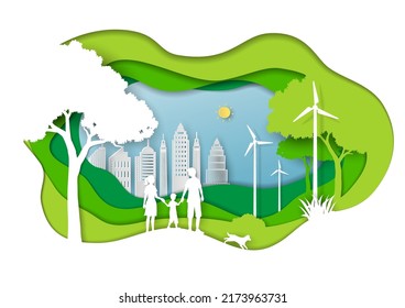 Ecociudad verde con naturaleza de amor familiar, paisaje de arte de papel en fondo de capa profunda, ilustración vectorial