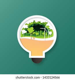 Green eco city and forest nature landscape in light bulb paper art style.Ecology and environment conservation concept vector illustration