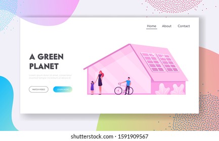 Green Eco City Futuristic Technology Website Landing Page. Woman with Kids Stand at House with Solar Panels on Roof for Producing Electric Energy Heat Web Page Banner. Cartoon Flat Vector Illustration