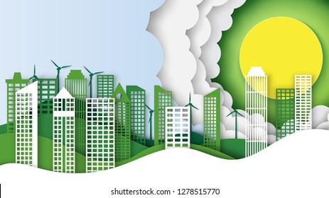 Green eco city landscape background template paper art style.Ecology and environment conservation creative idea concept.Vector illustration.