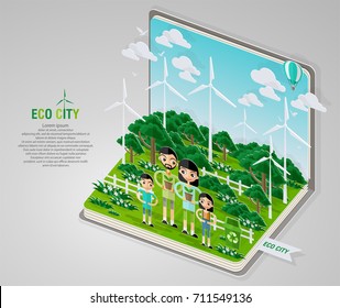 Green eco city and life with book concept. Vector illustration in flat design and isometric paper cut pop-up style.