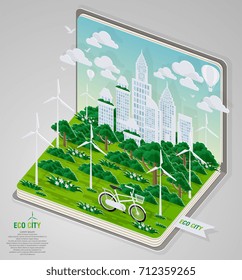 Green eco city and life with book concept. Vector illustration in flat design and isometric paper cut pop-up style.