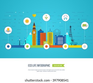 Green eco city and eco life infographic. Modern energy safety. Ecology concept