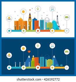 Green eco city and eco life infographic. Modern energy safety. Clean planet, urban landscape and industrial factory buildings concept.