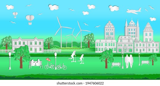 Green eco city and life of paper art style. People enjoy fresh air in the town park on summer. Concept of eco friendly and save the earth. World environment day. Earth day. Stock vector illustration