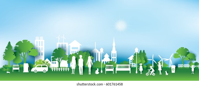 Green eco city and life paper art style, urban landscape and industrial factory buildings concept.vector illustration