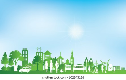 Green eco city and life paper art style, urban landscape and industrial factory buildings concept.vector illustration