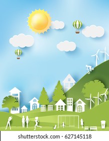 Green eco city and life paper art style, urban landscape and industrial factory buildings concept.vector illustration