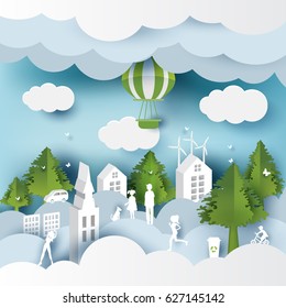 Green eco city and life paper art style, urban landscape and industrial factory buildings concept.vector illustration