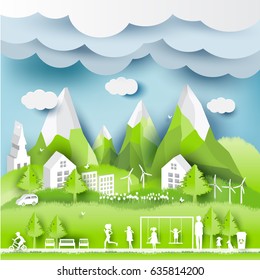 Green eco city and life paper art style, urban landscape and industrial factory buildings concept.vector illustration