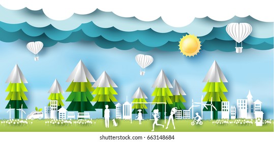 Green eco city and life paper art style, urban landscape and industrial factory buildings concept.vector illustration