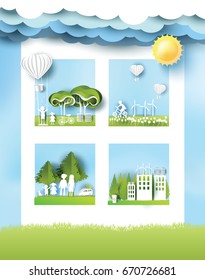 Green eco city and life paper art style, urban landscape and industrial factory buildings concept.vector illustration