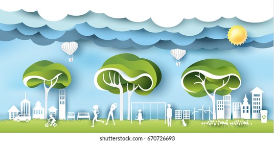 Green eco city and life paper art style, urban landscape and industrial factory buildings concept.vector illustration