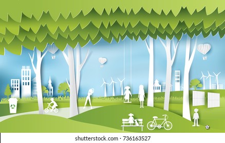 Green eco city and life paper art style, urban landscape and industrial factory buildings concept.vector illustration