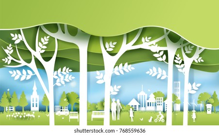 Green eco city and life paper art style, urban landscape and industrial factory buildings concept.vector illustration