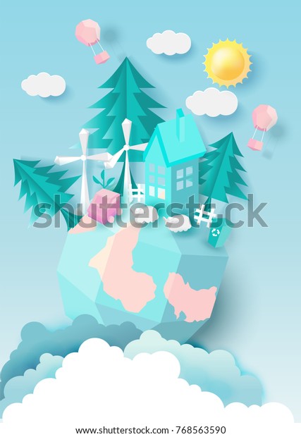 Green\
eco city and life paper art style, urban landscape and family ,\
tree with pastel color style.vector\
illustration