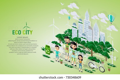 Green eco city and life with pop-up concept. Vector illustration in flat design and isometric paper cut  style.