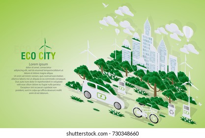 Green eco city and life with pop-up concept. Vector illustration in flat design and isometric paper cut  style.