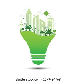 Green eco city with light bulb on white background. Save energy and nature background. Environmental and ecology concept. Sustainable development natural. Vector illustration flat design.