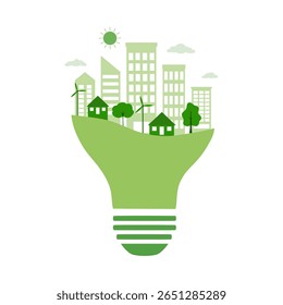 Green eco city with light bulb on white background. Save energy and nature background. Environmental and ecology concept. Sustainable development natural. Vector illustration flat design.