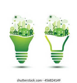 Green eco city with light bulb eco concept ,vector illustration