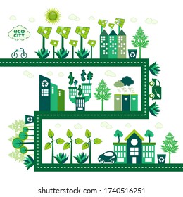 Green Eco City Living Concept. Solar Panels And Wind Farm Generate Clean Energy. Water Conservation With Rain Water Tanks And Water Wise Plants Even Growing On Roof Tops.