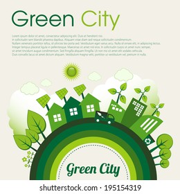 Green Eco city living concept with sample text.