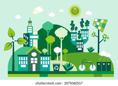 Green Eco City living concept. Solar panels and wind farm generate clean energy. Green transport such as bicycle is used. Rain water tanks collecting rain water.