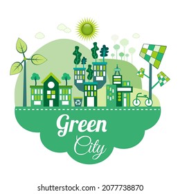 Green Eco City living concept. Solar panels and wind farm generate clean energy. Green transport such as bicycle is used. Trees are planted on rooftop to keep cool.