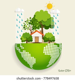 Green Eco city living concept with Green Eco Earth and Trees. Vector illustration.
