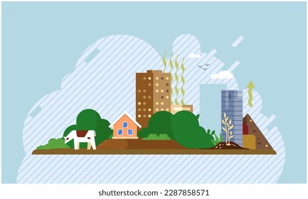 Green eco city and nature landscape background with pure atmosphere, template flat design vector illustration. Waste pile and container disposed on street exterior with skyscrapers, littered city