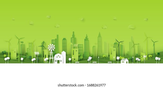 Green eco city on natural background.Ecology and environment conservation resource sustainable concept.Vector illustration.