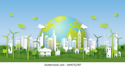 Green eco city on natural background.Ecology and environment conservation resource sustainable concept.Vector illustration.