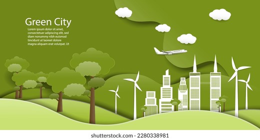 Green eco city on natural background.Ecology and environment conservation resource sustainable concept.Vector illustration.ESG  environmental social  Concept
