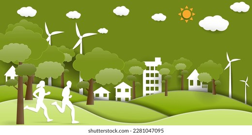 Green eco city on natural background.Ecology and environment conservation resource sustainable concept.Vector illustration.ESG  environmental social  Concept
