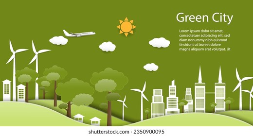 Green eco city on natural background.Ecology and environment conservation resource sustainable concept.Vector illustration.ESG  environmental social  Concept
