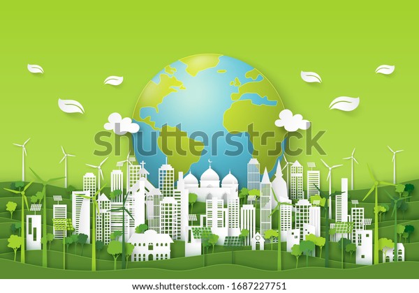 自然の背景に緑のエコシティ エコロジーと環境保全資源の持続可能なコンセプト ベクターイラスト のベクター画像素材 ロイヤリティフリー
