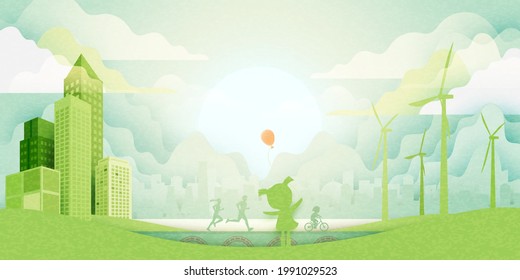 Ecociudad verde sobre el paisaje natural de fondo.La familia disfruta de actividades al aire libre en el parque verde.Concepto de medio ambiente y ecología.Ilustración vectorial.