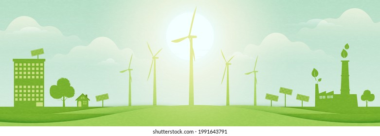 Green eco city on nature landscape background.Sustainable energy for Environment and Ecology concept.Vector illustration.