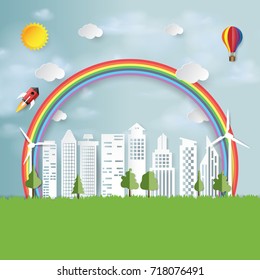 Green eco city paper art style.Nature landscape of environment conservation concept design.Vector illustration.